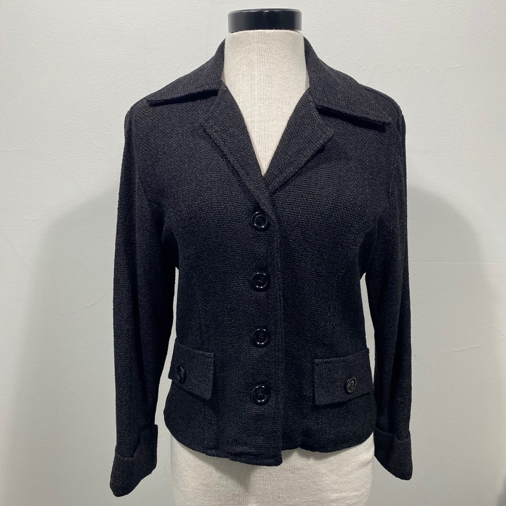 Atelier Black Textured Cotton Blend Button Front‎ Blazer Jacket Women's Small